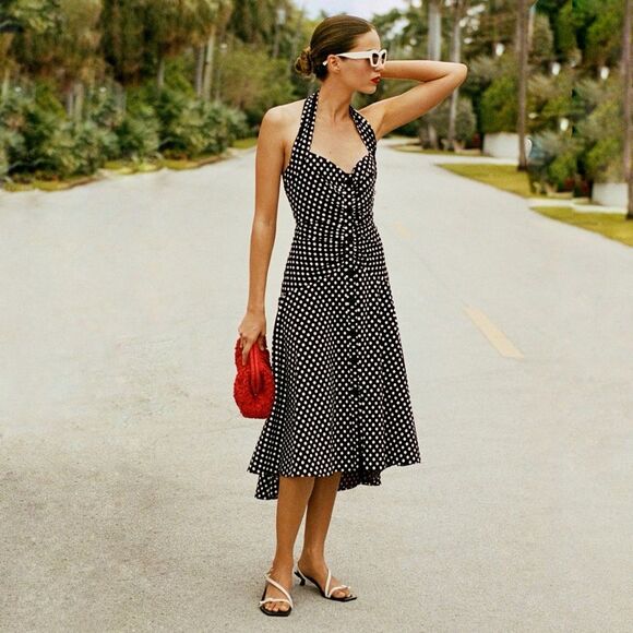 Anthropologie Maeve Halter Ruched Midi Dress in Black Polka Dot Size 4